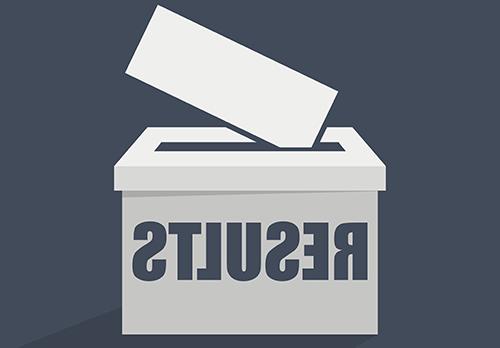 White ballot box on a blue background with the word Results in blue on the box